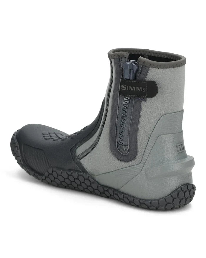 Simms Zip Bootie in gray and black with a textured sole, water-resistant neoprene upper, and a secure side zipper designed for fishing and water activities.
