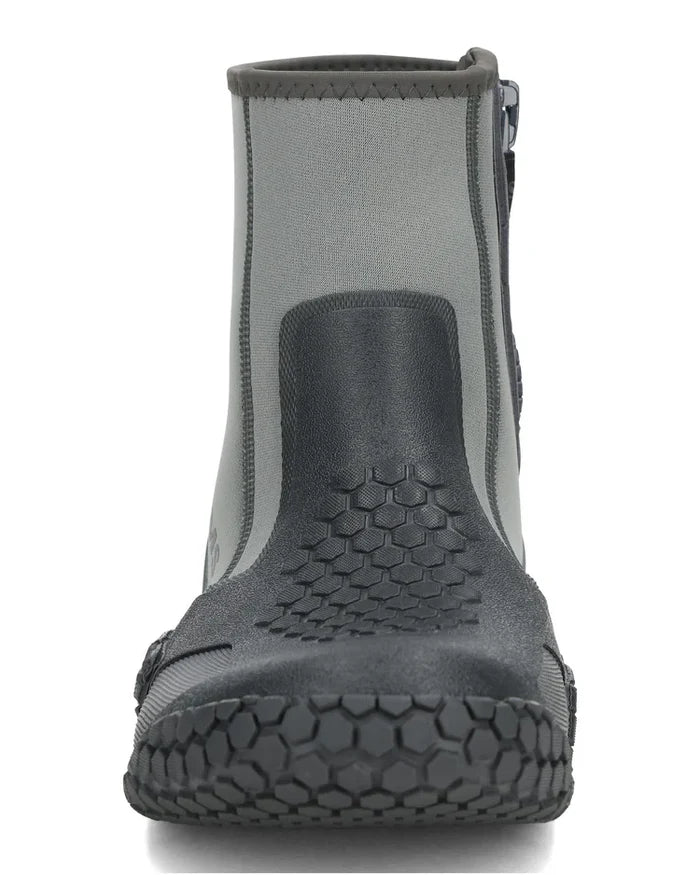 Front view of a gray and black Simms Zip Bootie featuring a textured, slip-resistant sole and waterproof neoprene upper designed for fishing and water activities.
