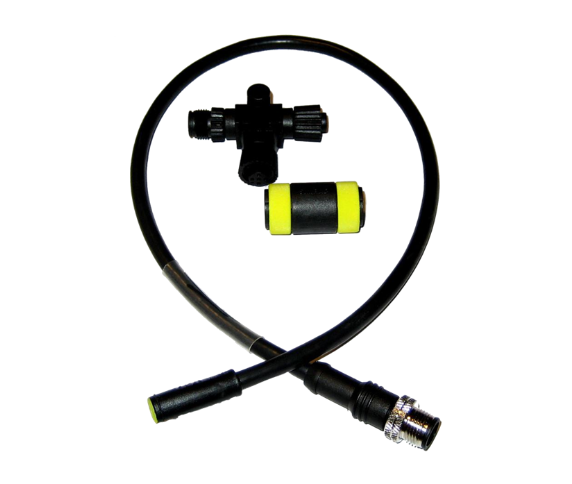 SimNet to NMEA 2000 Adaptor Kit 000-0127-45 showing a black cable with connectors, a T-shaped connector, and a yellow and black cylindrical component for marine electronics and fishing tackle setup.