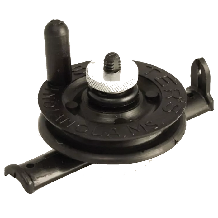 Black plastic Slaters Pole Reel fishing tackle component with a central silver adjustment knob and curved arms for attachment, designed for use with fishing rods and reels.