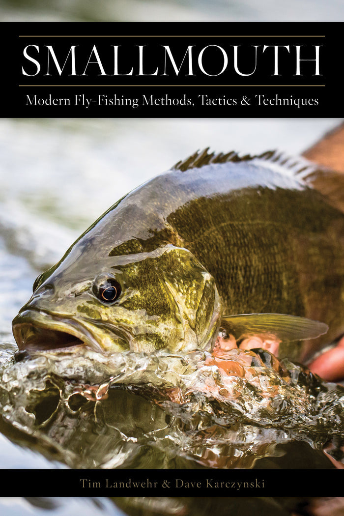 Book cover of "Smallmouth Moders Fly Fishing Methods" featuring a close-up image of a smallmouth bass fish partially submerged in water with bubbles and a hand holding it, highlighting modern fly-fishing techniques and tactics.