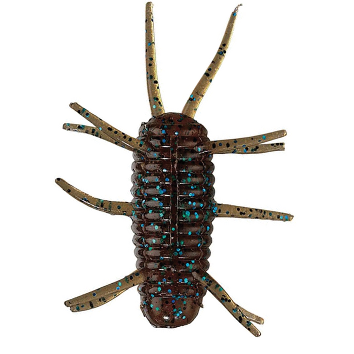 Smith Sink Spider fishing lure designed with segmented brown body and multiple flexible legs featuring black and blue speckles for realistic aquatic insect imitation.