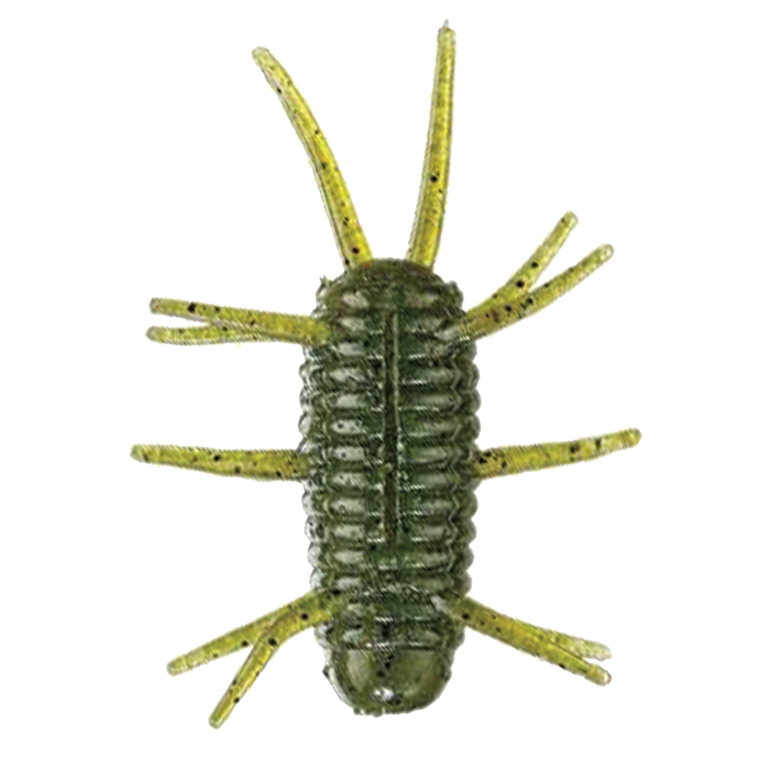 Smith Sink Spider fishing lure with segmented, ribbed green body and multiple flexible appendages designed to mimic aquatic prey for effective fishing tackle use.