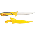 Smith's Mr. Crappie Slab Daddy 6" Fillet Knife with a sharp stainless steel blade and ergonomic yellow and gray handle, shown with a matching yellow protective sheath.