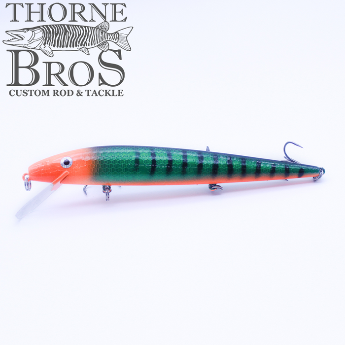 Smithwick Perfect 10 Rogue - Custom Painted Colors fishing lure with detailed green and orange body, black vertical stripe pattern, and multiple treble hooks designed for musky fishing.
