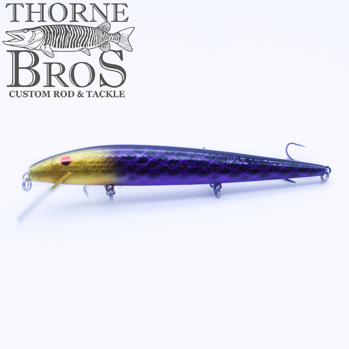 Smithwick Perfect 10 Rogue - Custom Painted Colors fishing lure with a gold and purple scale pattern, featuring a red eye and multiple treble hooks, designed for musky fishing.