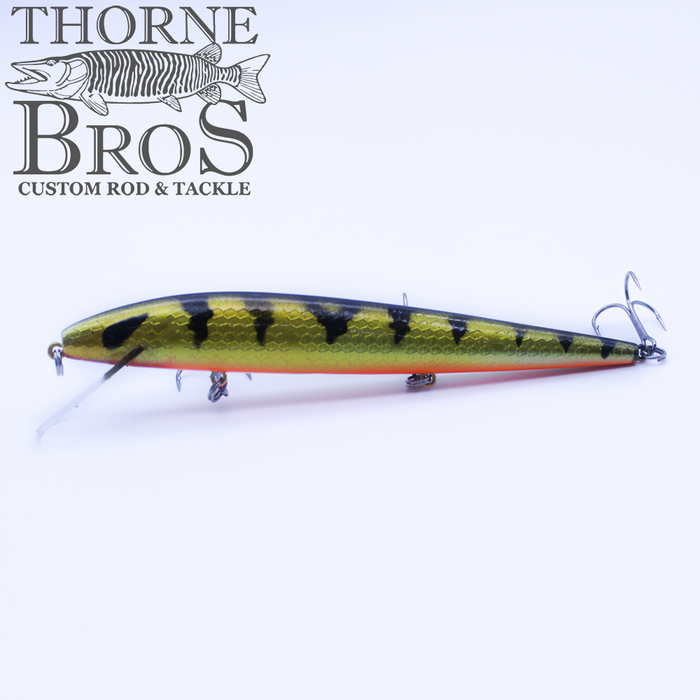 Smithwick Perfect 10 Rogue - Custom Painted Colors fishing lure in yellow-green with black stripes and red underside, featuring three treble hooks, designed for musky fishing tackle.