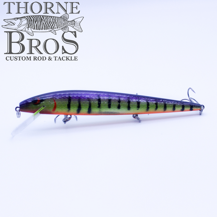 Smithwick Perfect 10 Rogue - Custom Painted Colors fishing lure with vibrant green and purple hues, detailed black stripes, and treble hooks for effective musky fishing tackle.