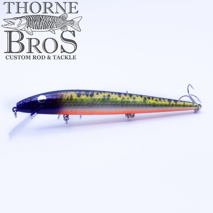 Smithwick Perfect 10 Rogue - Custom Painted Colors fishing lure with detailed green and orange body, designed for musky fishing, shown on white background with Thorne Bros logo.