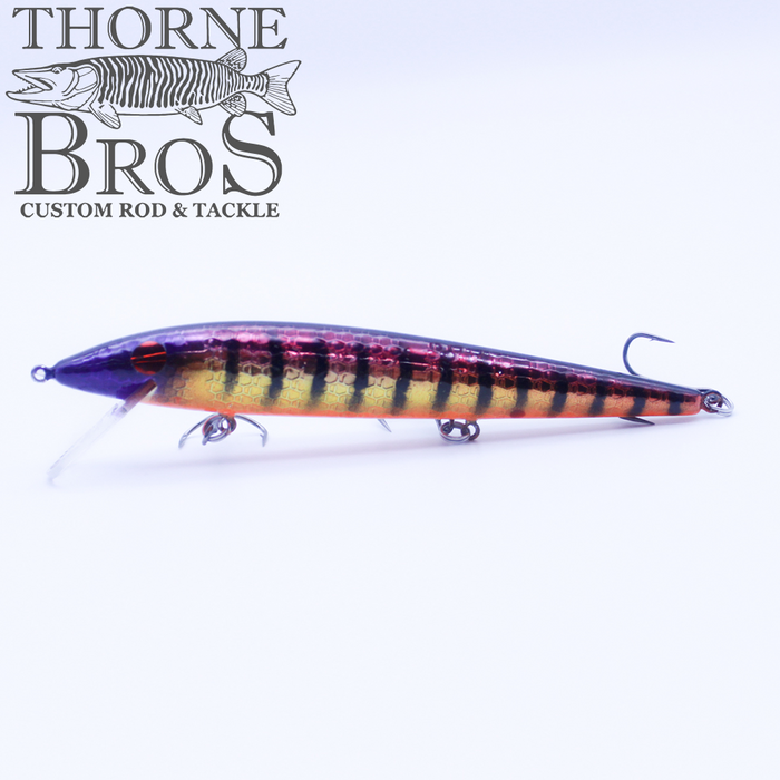 Smithwick Suspending Rattlin' Rogue - Custom Painted Colors fishing lure with a detailed yellow and purple striped body, equipped with multiple treble hooks, displayed on a white background.