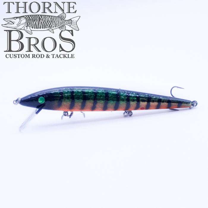 Smithwick Suspending Rattlin' Rogue - Custom Painted Colors fishing lure with green and orange striped pattern, detailed finish, and multiple treble hooks for musky fishing.