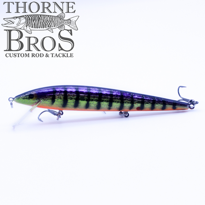 Smithwick Suspending Rattlin' Rogue - Custom Painted Colors fishing lure with detailed purple and green striped pattern, two sharp treble hooks, designed for musky fishing.