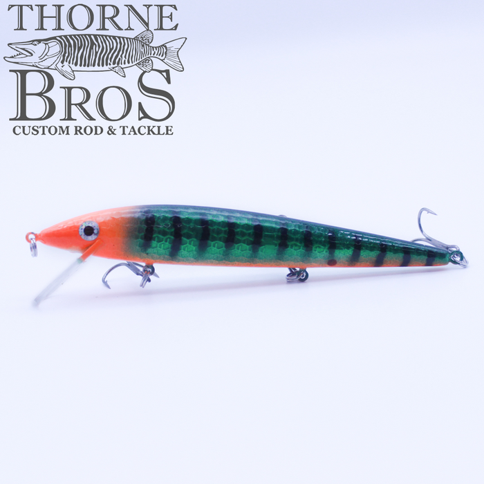 Smithwick Suspending Rattlin' Rogue - Custom Painted Colors fishing lure with a green and orange striped pattern and treble hooks, designed for freshwater fishing.