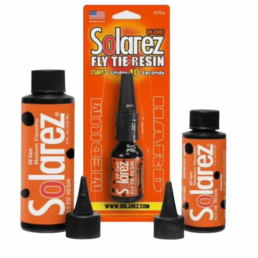 Solarez Medium Formula fly tying resin bottles and applicator tips in orange packaging, designed for curing fly fishing lures quickly under UV light.