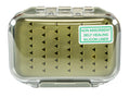 South Fork Double Sided Silicone Fly Box with transparent hinged lid, olive green non-absorbent self-healing silicone liner designed to securely hold fishing lures and tackle.