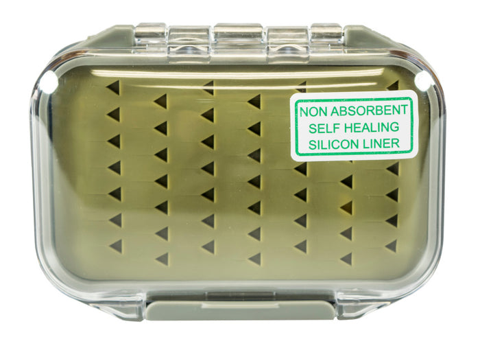 South Fork Double Sided Silicone Fly Box with transparent hinged lid, olive green non-absorbent self-healing silicone liner designed to securely hold fishing lures and tackle.