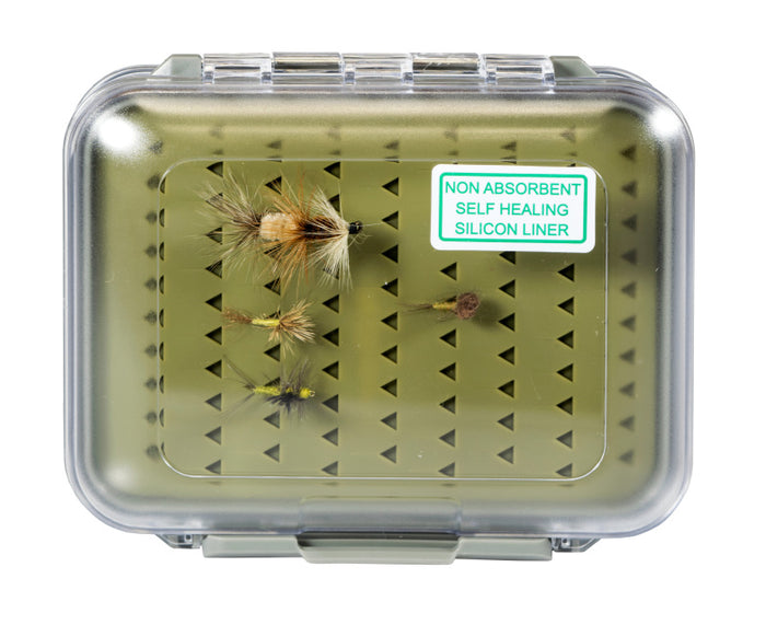 South Fork Double Sided Silicone Fly Box with clear lid showing multiple fishing flies inside, featuring a non-absorbent, self-healing silicone liner designed for durable fishing tackle storage.