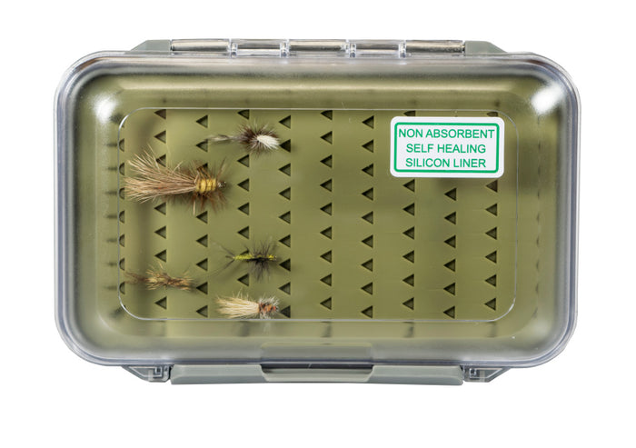 South Fork Double Sided Silicone Fly Box featuring a clear lid and green silicone liner with multiple fishing flies securely held inside, designed for convenient fishing tackle storage.