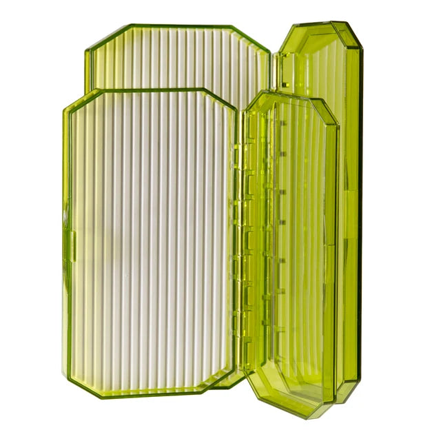 South Fork Sure-Lock Ridge Foam Fly Box in translucent green, open to show foam insert with vertical slits for organizing fishing lures and tackle.
