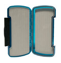 Open South Fork Teton Streamer Vault with a translucent blue exterior and foam interior designed to securely hold fishing tackle and lures.