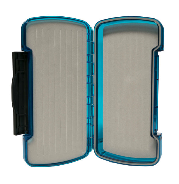 Open South Fork Teton Streamer Vault with a translucent blue exterior and foam interior designed to securely hold fishing tackle and lures.