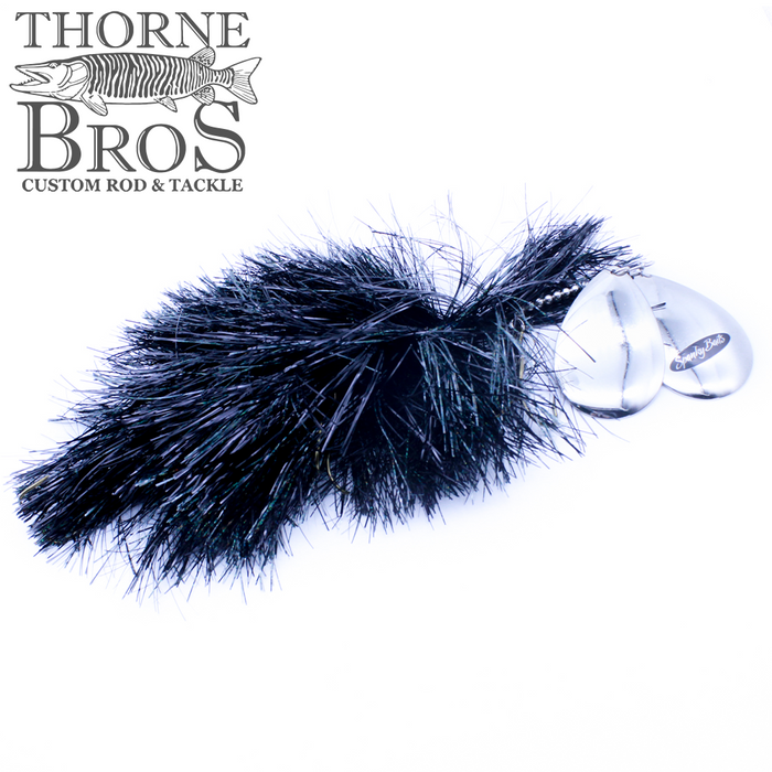 Spanky Baits Freak Mag 8 Skirt Bucktail fishing lure with dense black skirt and two silver spinner blades, designed for musky fishing tackle.