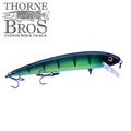 Spanky Baits M Series Pro (M7 & M9) fishing lure with green and black perch pattern, equipped with two treble hooks and a clear plastic diving lip for musky fishing.