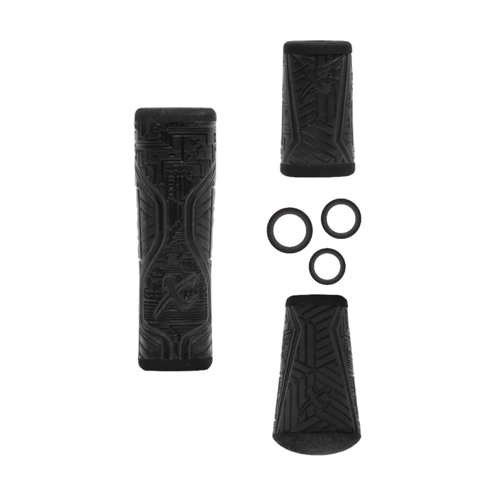 Set of black Spinning Rod Grip Kits including textured front and rear grips with a geometric pattern and three circular grip rings designed for fishing rods.