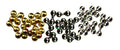 Four sets of shiny metallic fishing lure components in gold, black, and silver colors, used for making Spirit River I-Balz fishing lures.