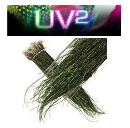 Spirit River UV2 Peacock Eyes showing bundles of iridescent green and brown peacock herl fibers used for fly fishing lure tying, highlighting vivid UV-reactive colors.