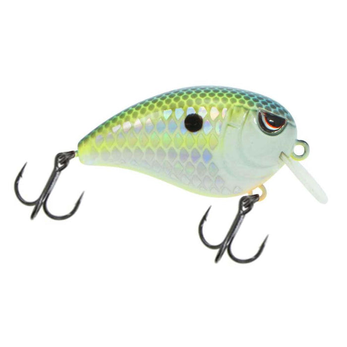 SPRO Baby Fat John 50 Squarebill Crankbait fishing lure with a green and silver scaled body, detailed red eye, two black treble hooks, and a squarebill lip for deep diving action.
