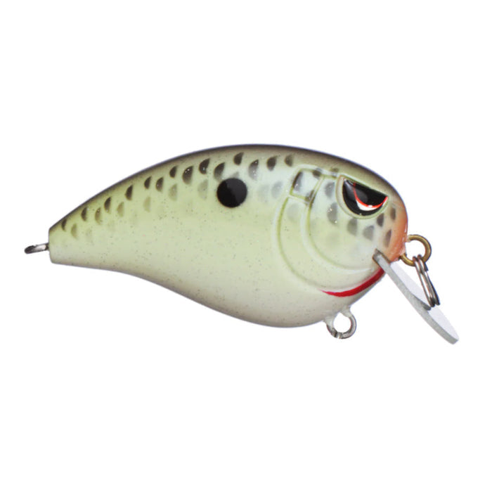 SPRO Baby Fat John 50 Squarebill Crankbait in green and white with black spot, detailed fish scale pattern, and red accent near the lip, designed for fishing tackle use.