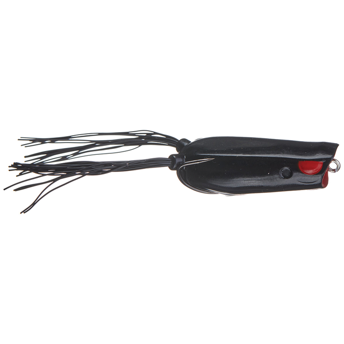 Black and red Spro Bronzeye Pop'R 50 fishing lure with silicone skirt and detailed molded eyes designed for musky fishing tackle.