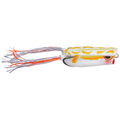 Spro Bronzeye Pop'R 60 fishing lure featuring a white and yellow frog-like body with orange and white rubber skirt tassels designed for topwater musky fishing.