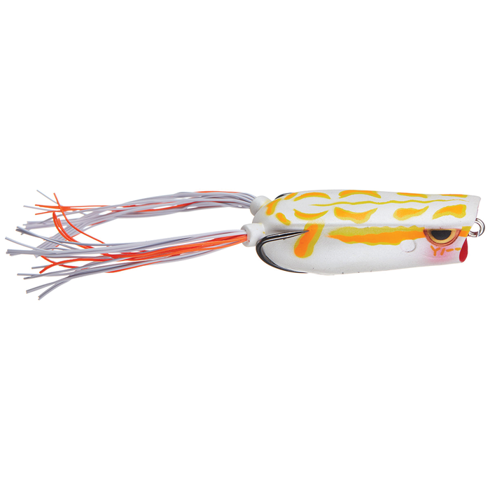 Spro Bronzeye Pop'R 60 fishing lure featuring a white and yellow frog-like body with orange and white rubber skirt tassels designed for topwater musky fishing.
