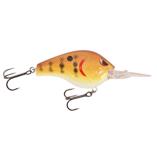 SPRO Fat Papa 55 Crankbait fishing lure with yellow and brown patterned body, dual treble hooks, and a clear diving lip designed for effective fishing tackle use.