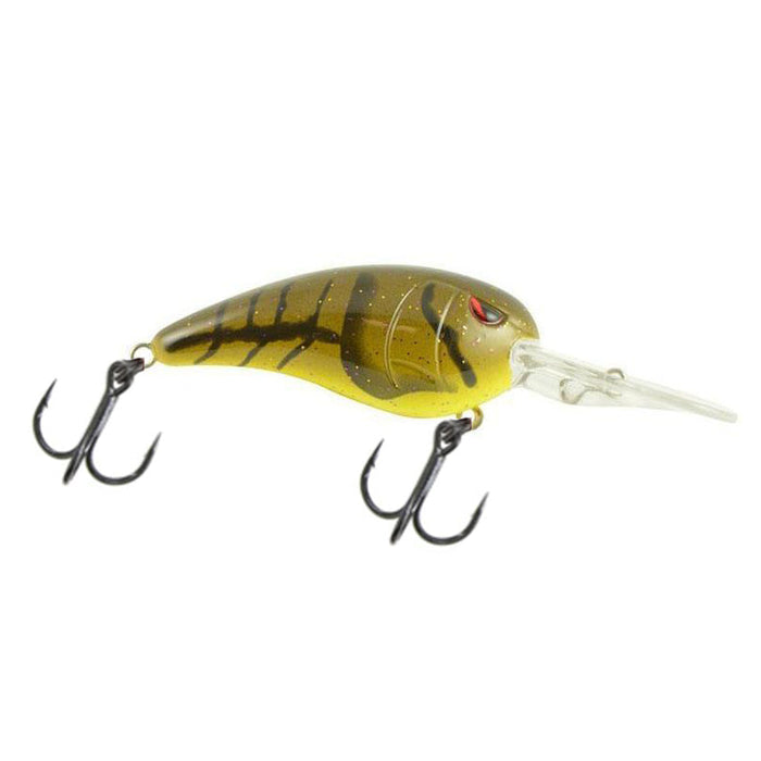 SPRO RkCrawler 55 Crankbait fishing lure with a yellow and black striped body, two treble hooks, and a clear plastic diving lip designed for freshwater fishing tackle.