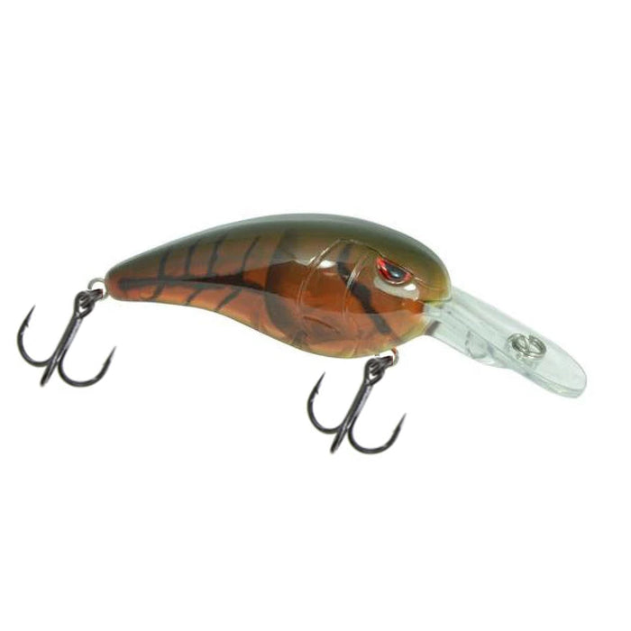 SPRO RkCrawler 55 MD Crankbait fishing lure with a brown and black striped body, red eye detail, and two sharp treble hooks designed for effective fishing tackle use.