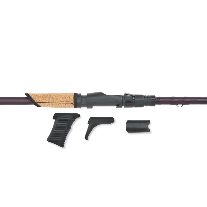 Close-up of the handle section of the St. Croix Musky Rods - Mojo Musky showing a cork grip and interchangeable black plastic reel seat parts designed for customizable musky fishing rods.