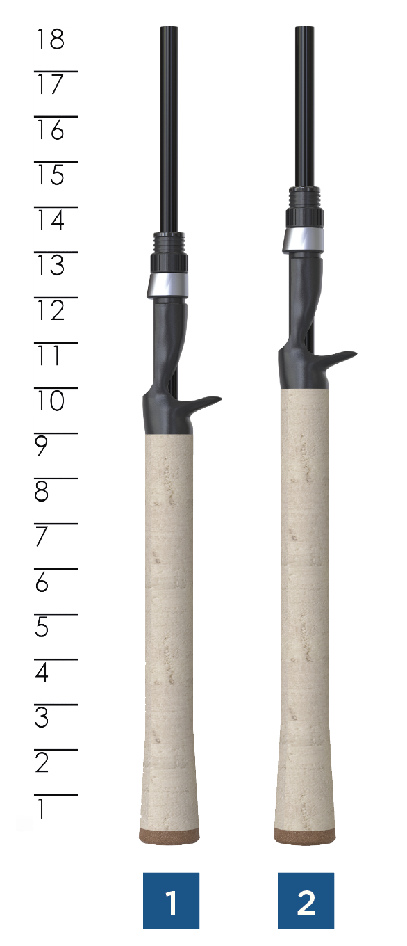 St. Croix Premier - Casting (New 2026) fishing rod handles featuring light-colored cork grips with black ergonomic reel seats shown from front and back views alongside a height scale.