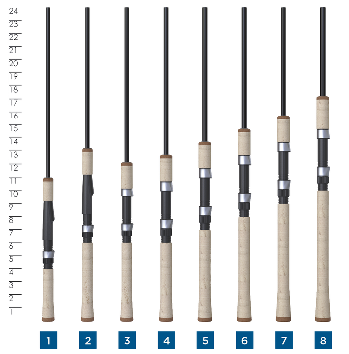 Various models of St. Croix Premier - Spinning (New 2026) fishing rods displayed vertically, featuring cork handles and sleek black rod blanks with different reel seat designs and lengths.