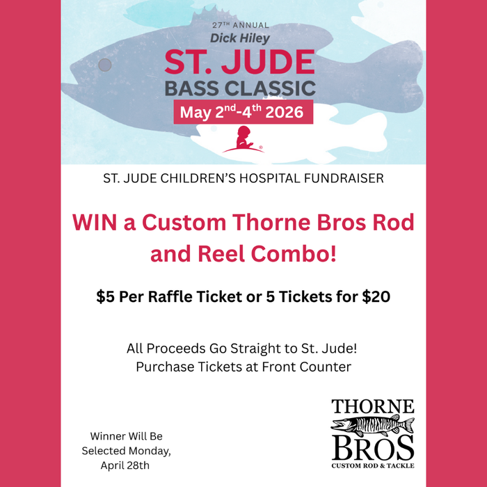 Poster for the St. Jude Rod Raffle promoting a fundraiser supporting St. Jude Children’s Hospital with a chance to win a custom Thorne Bros fishing rod and reel combo, featuring event dates May 2nd to 4th, 2026, raffle ticket prices, and purchase information.