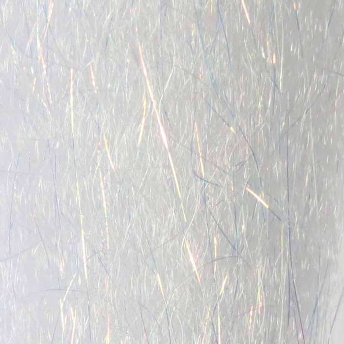 Close-up of translucent, iridescent synthetic fishing lure fibers with subtle white and light blue tones, designed for fly fishing tackle, labeled Steve Farrar SF Blend.