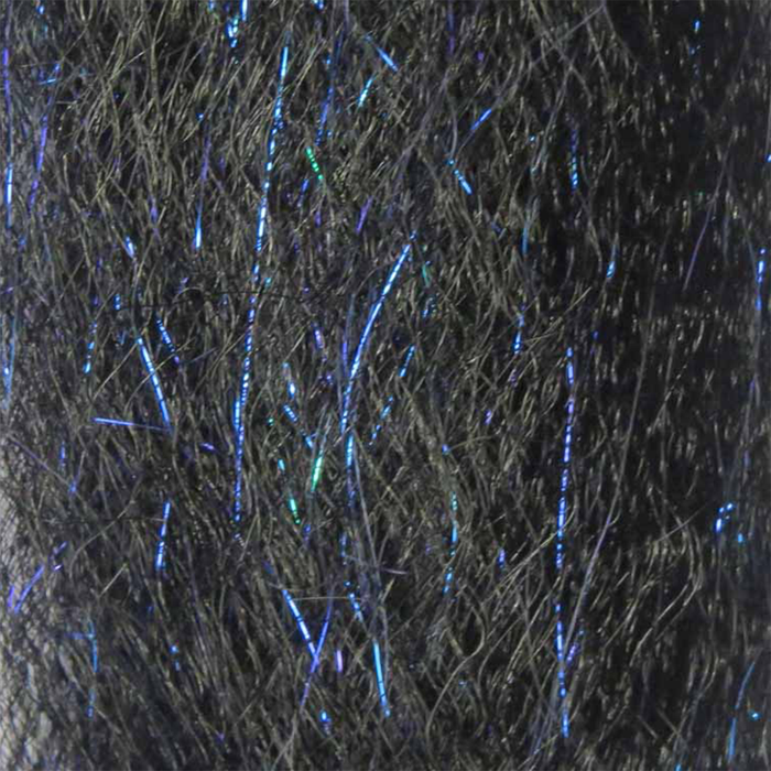 Close-up of black fishing lure material with iridescent blue and green strands, used for crafting or enhancing fishing tackle on the Steve Farrar SF Blend.