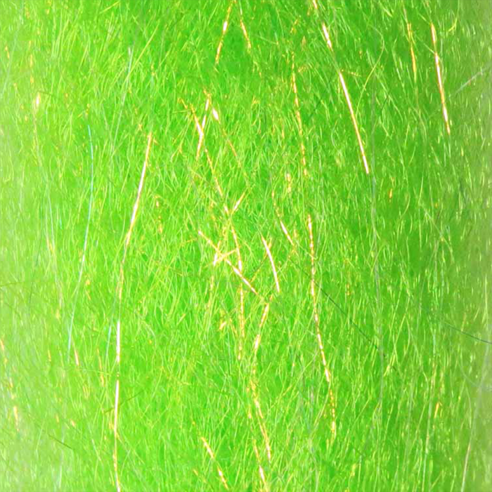 Close-up image of bright green synthetic fibers with subtle golden highlights blending throughout, representing the vibrant "Steve Farrar SF Blend" fishing tackle material.