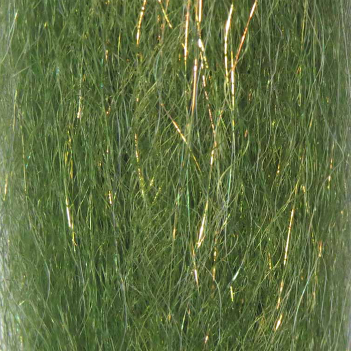 Close-up of green synthetic fibers with shimmering gold and copper strands woven in, designed for use in fly fishing lures, compatible with Steve Farrar SF Blend.