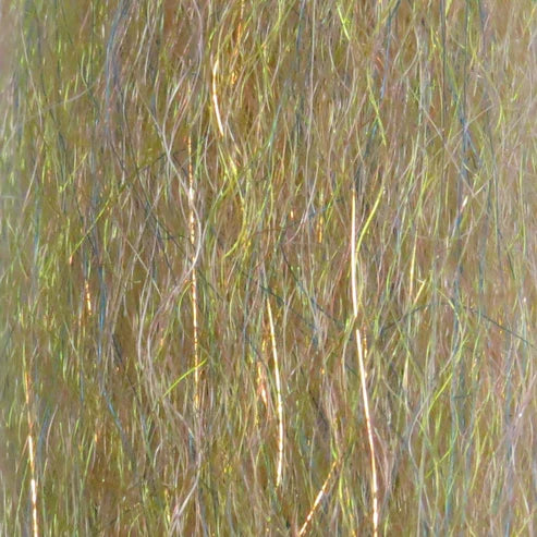 Close-up of green, brown, and iridescent strands of fly tying material used in fishing, labeled Steve Farrar SF Blend, suitable for custom fishing tackle and lure creation.
