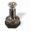 Stonfo Mini Hair Stacker made of polished metal with a flared top and hexagonal black base, used for organizing fishing tackle materials in musky and fly fishing.