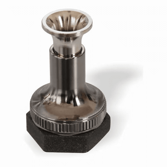 Stonfo Mini Hair Stacker made of polished metal with a flared top and hexagonal black base, used for organizing fishing tackle materials in musky and fly fishing.