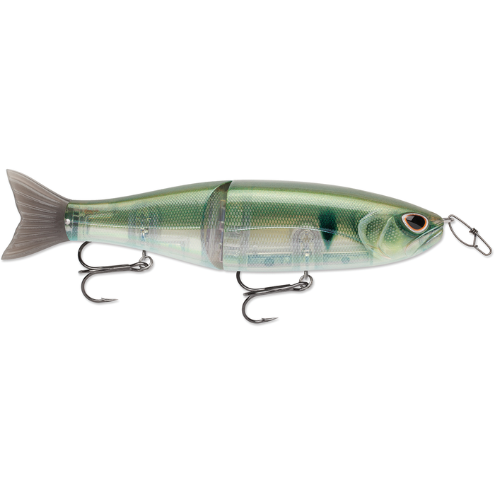 Storm Arashi Glide 19 realistic jointed green fish-shaped fishing lure with detailed scales, two treble hooks, and a swiveling attachment for fishing tackle.